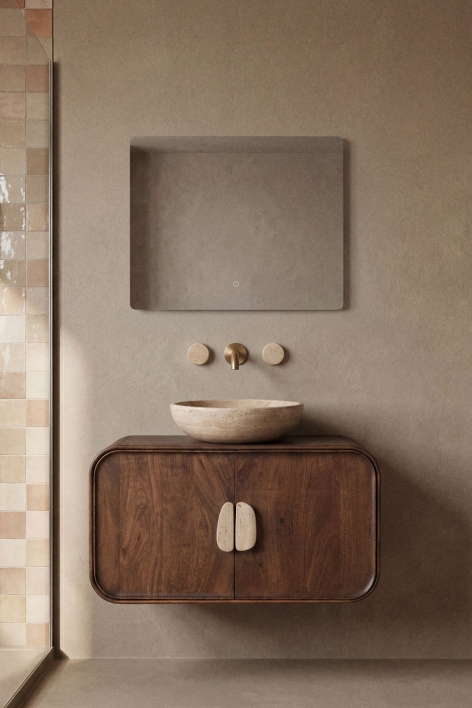 Suspended bathroom furniture set 95x45 cm in mango wood and Kivalina natural stone - Travertine - Dark mango wood