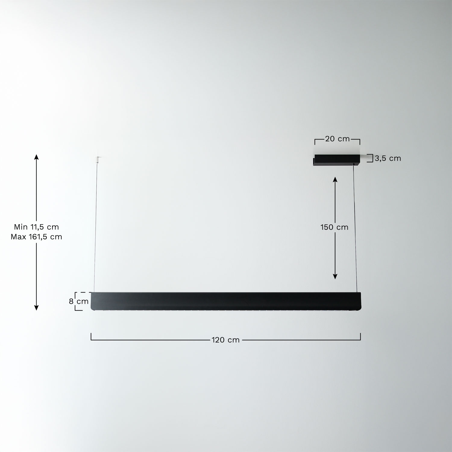 120 cm LED linear pendant ceiling lamp in aluminum Mairen, medidas