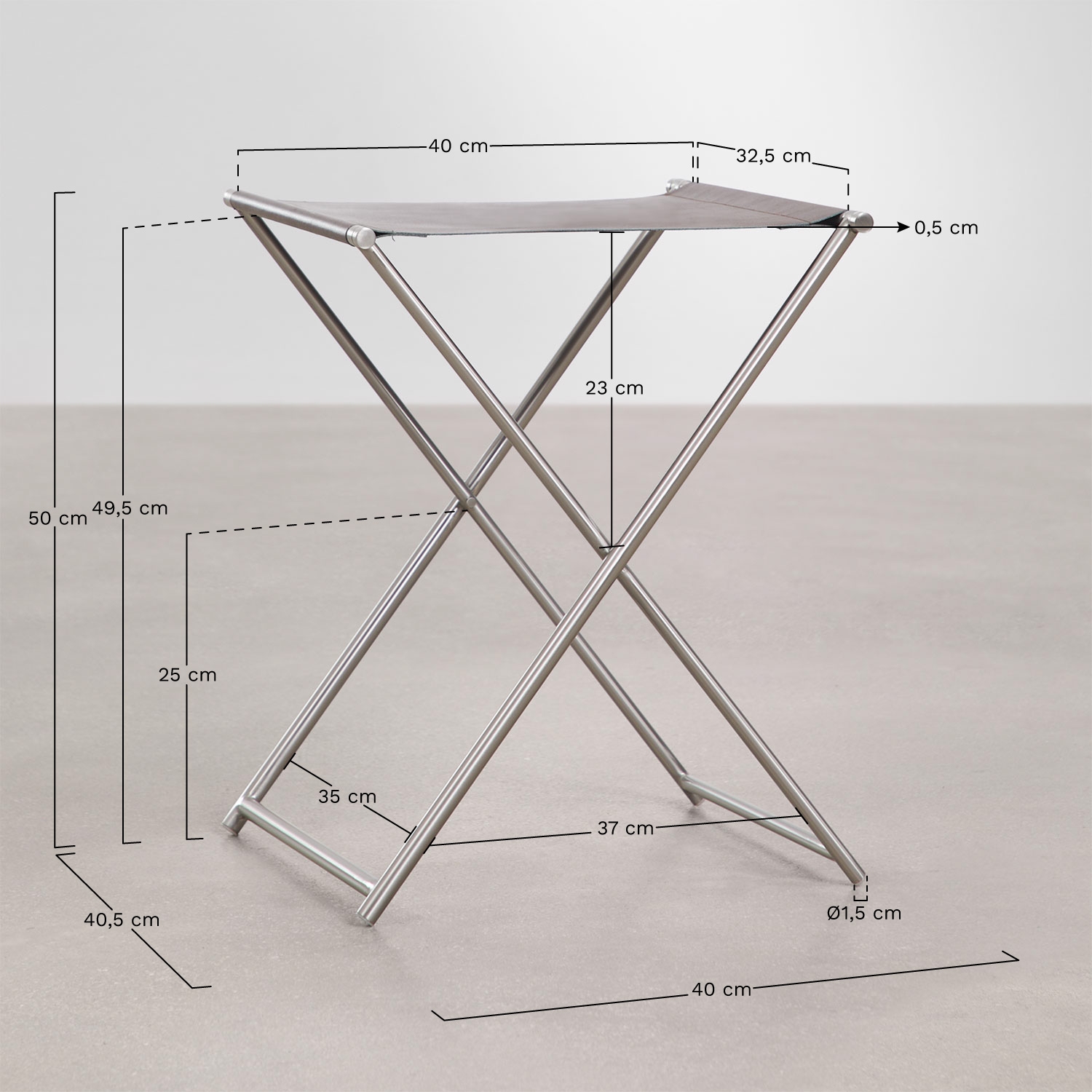 Dravena 50 cm low folding stool in leather and stainless steel, medidas