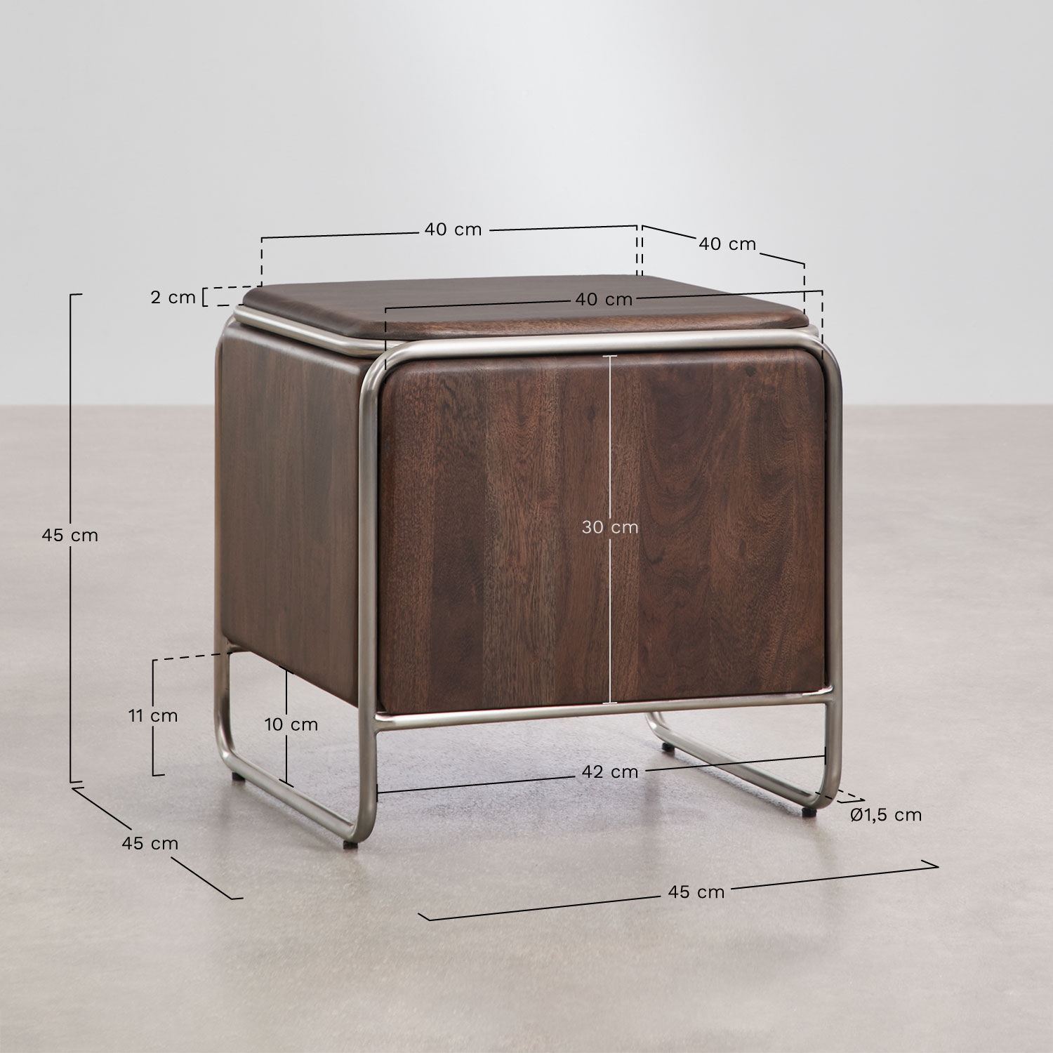 Acacia wood and stainless steel 45x45 cm bedside table Altrex, medidas