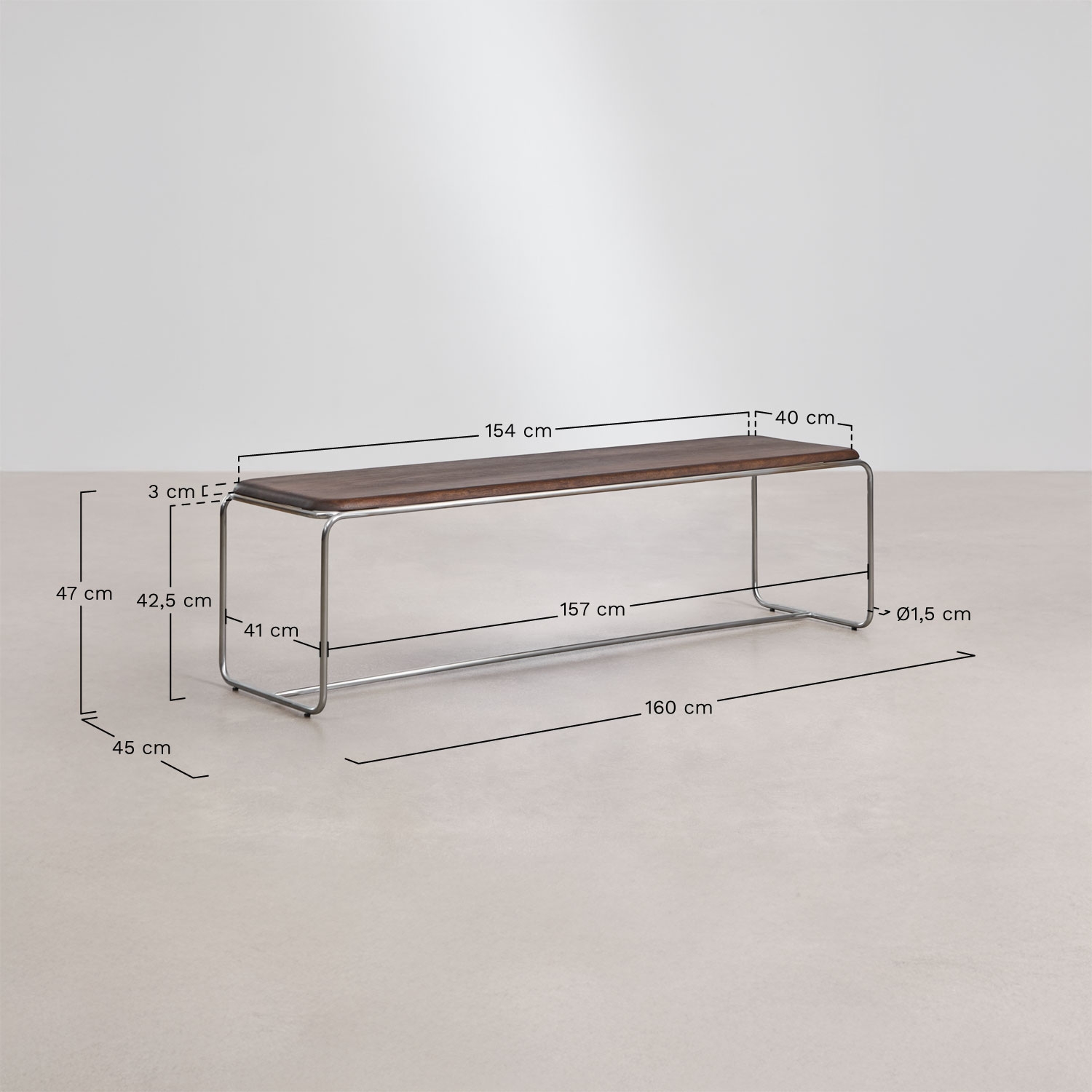 160 cm bench in acacia wood and stainless steel Altrex, medidas