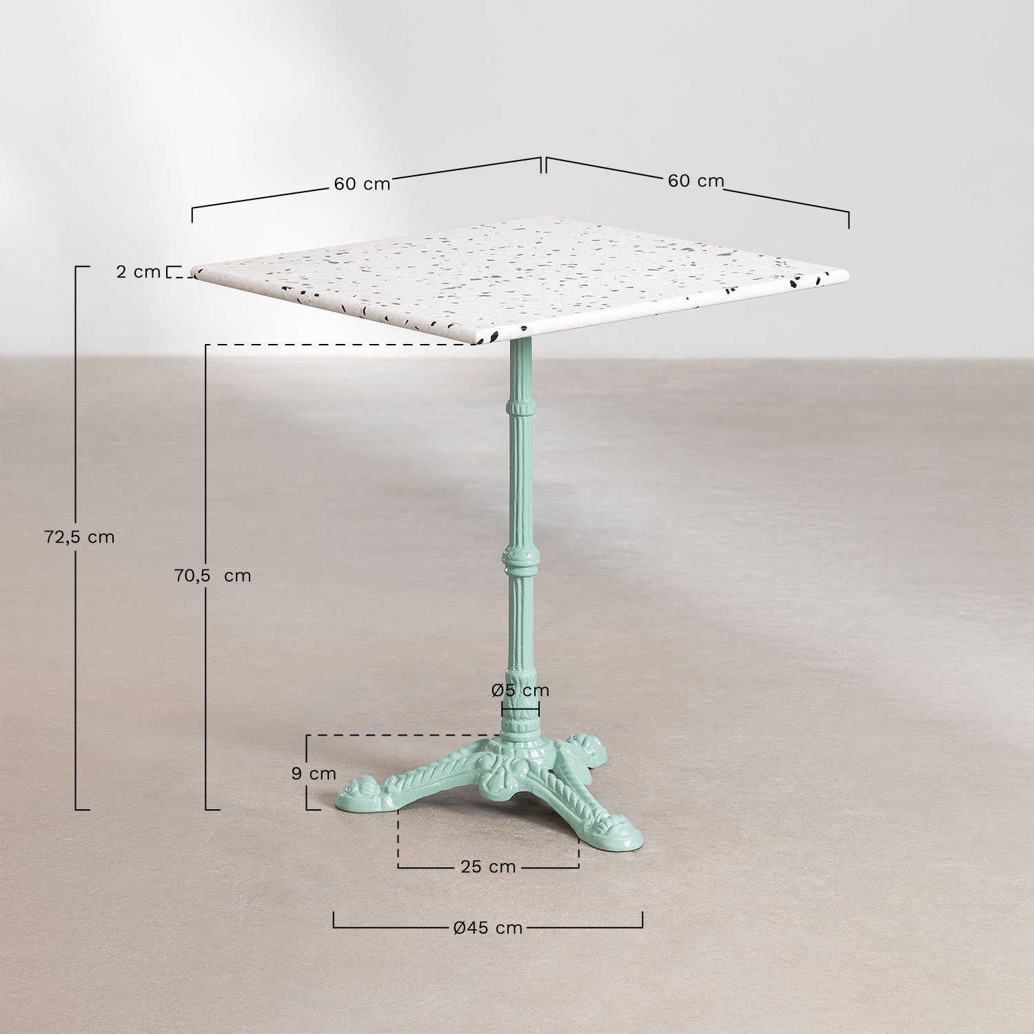 Square 60x60 cm bar table in terrazzo Azteca, medidas