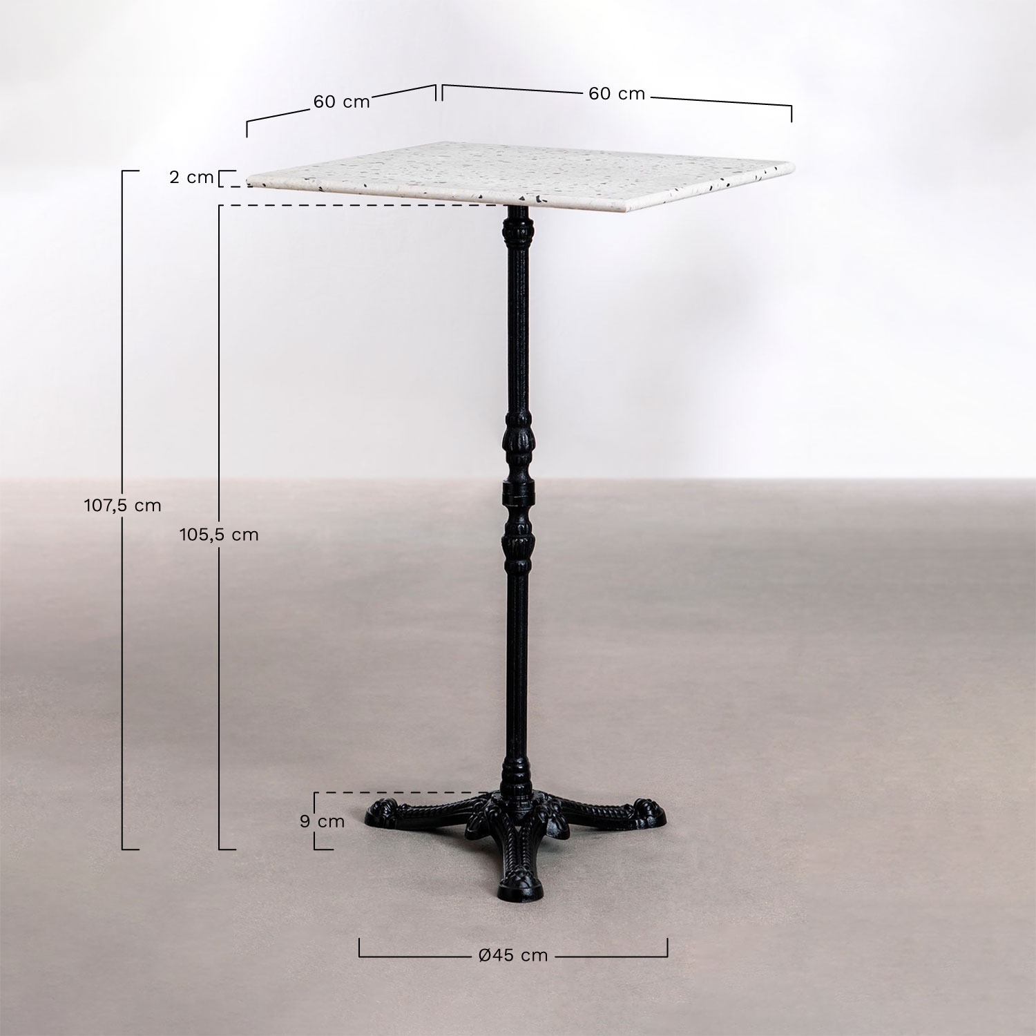 Vertuo terrazzo high bar table, medidas