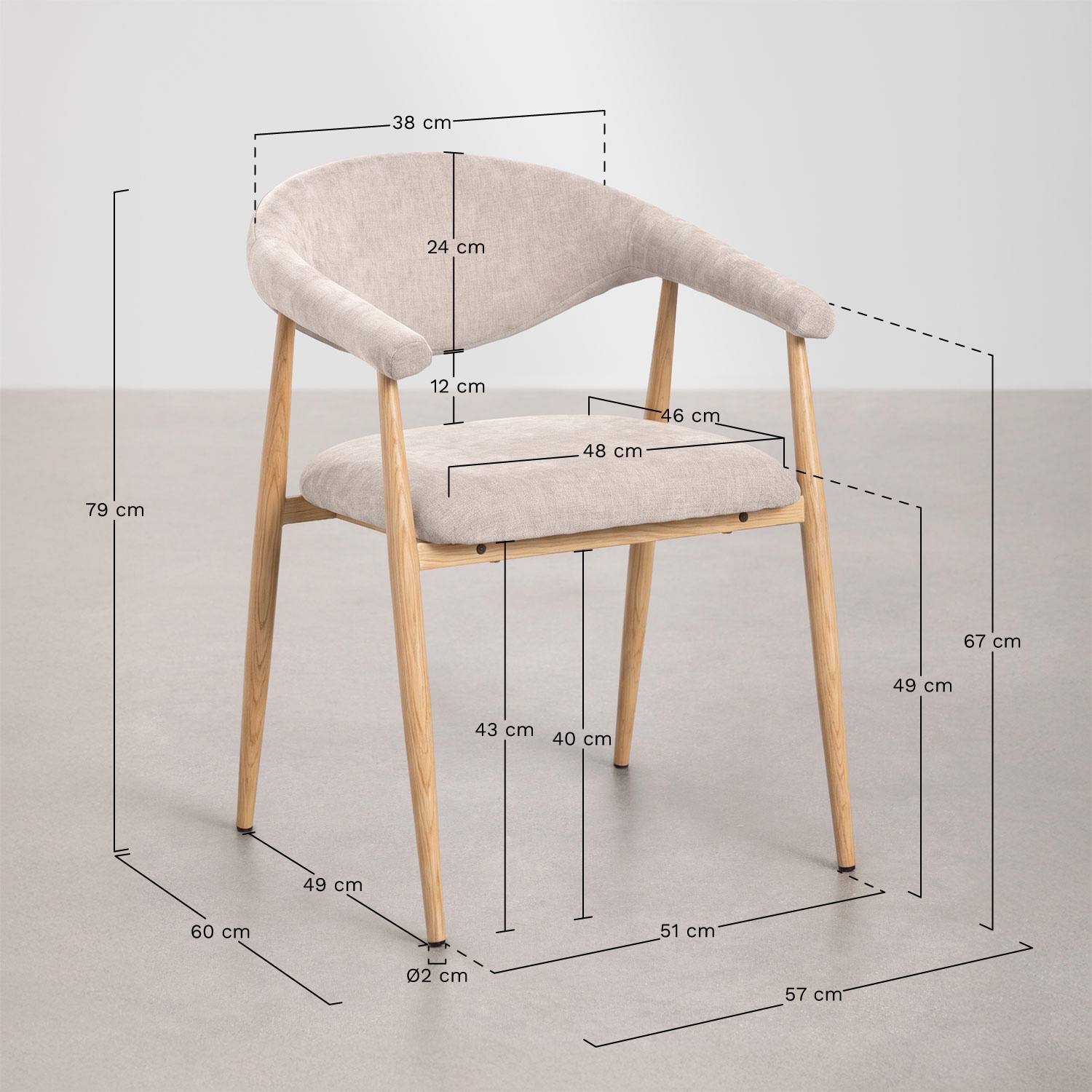 Nervoxi upholstered dining chair with armrests, medidas