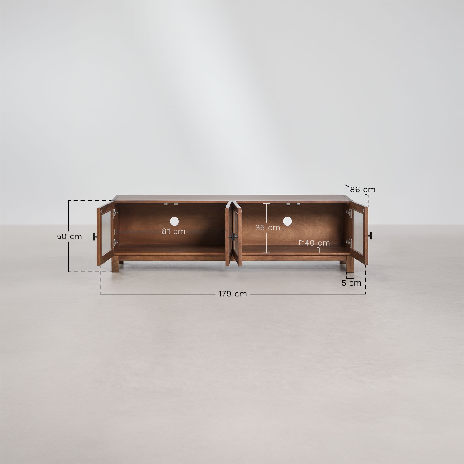Ildara 170x45 cm TV cabinet in mango wood and glass, medidas