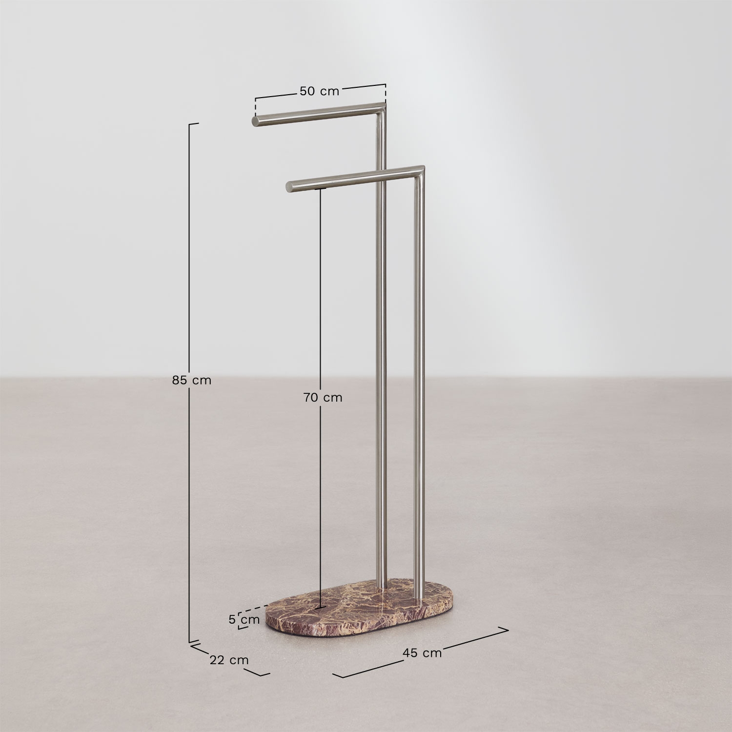 Eravni freestanding towel rack in natural stone and stainless steel, medidas