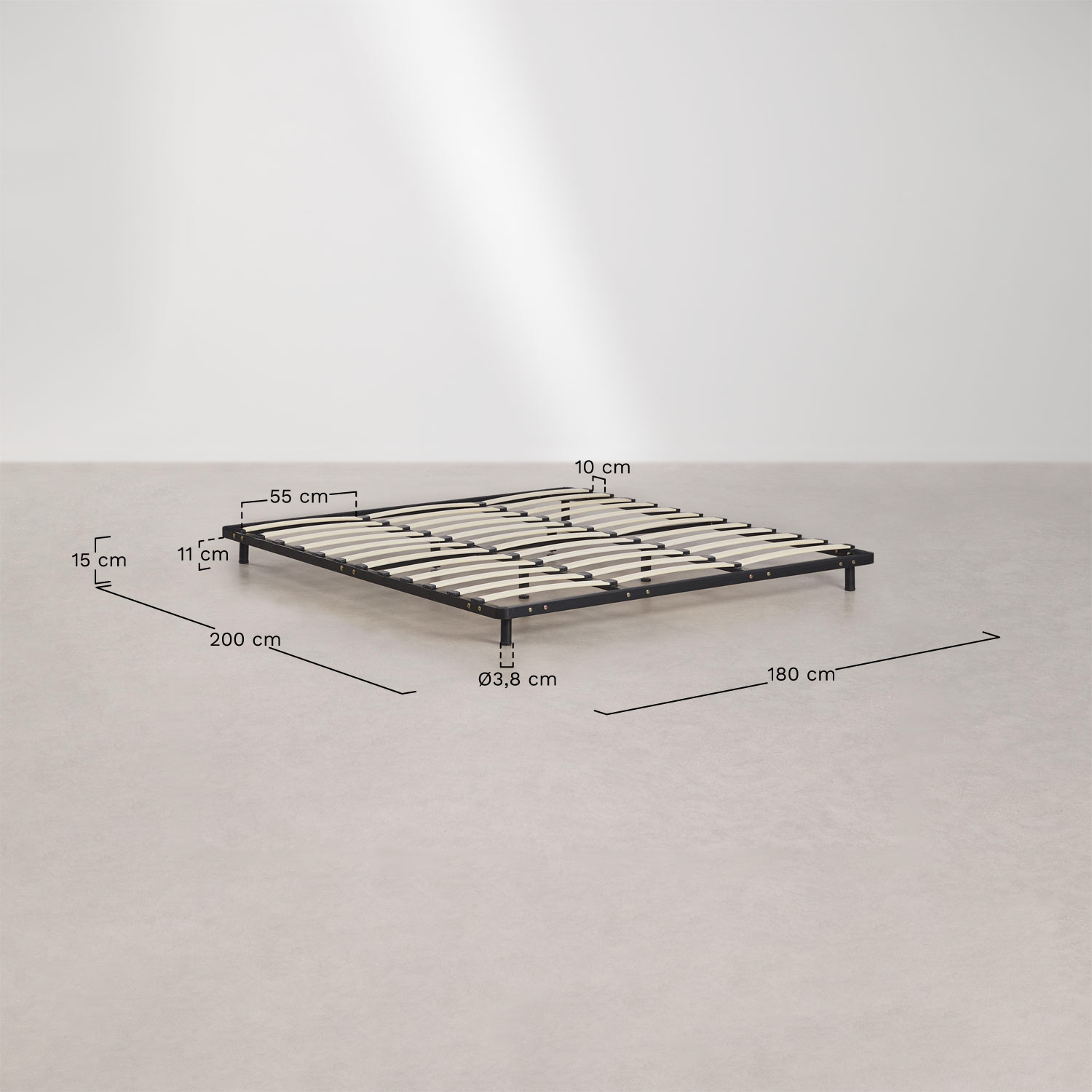 Slarryn wooden and steel slatted bed base, medidas