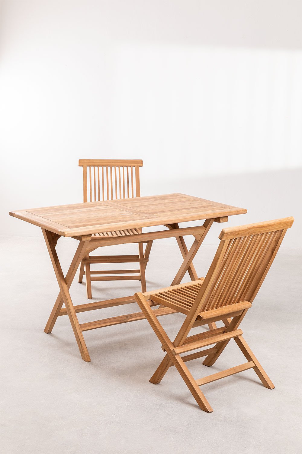 Set of Rectangular Table (120x70 cm) and 2 Folding Garden Chairs in Pira Teak Wood, gallery image 2