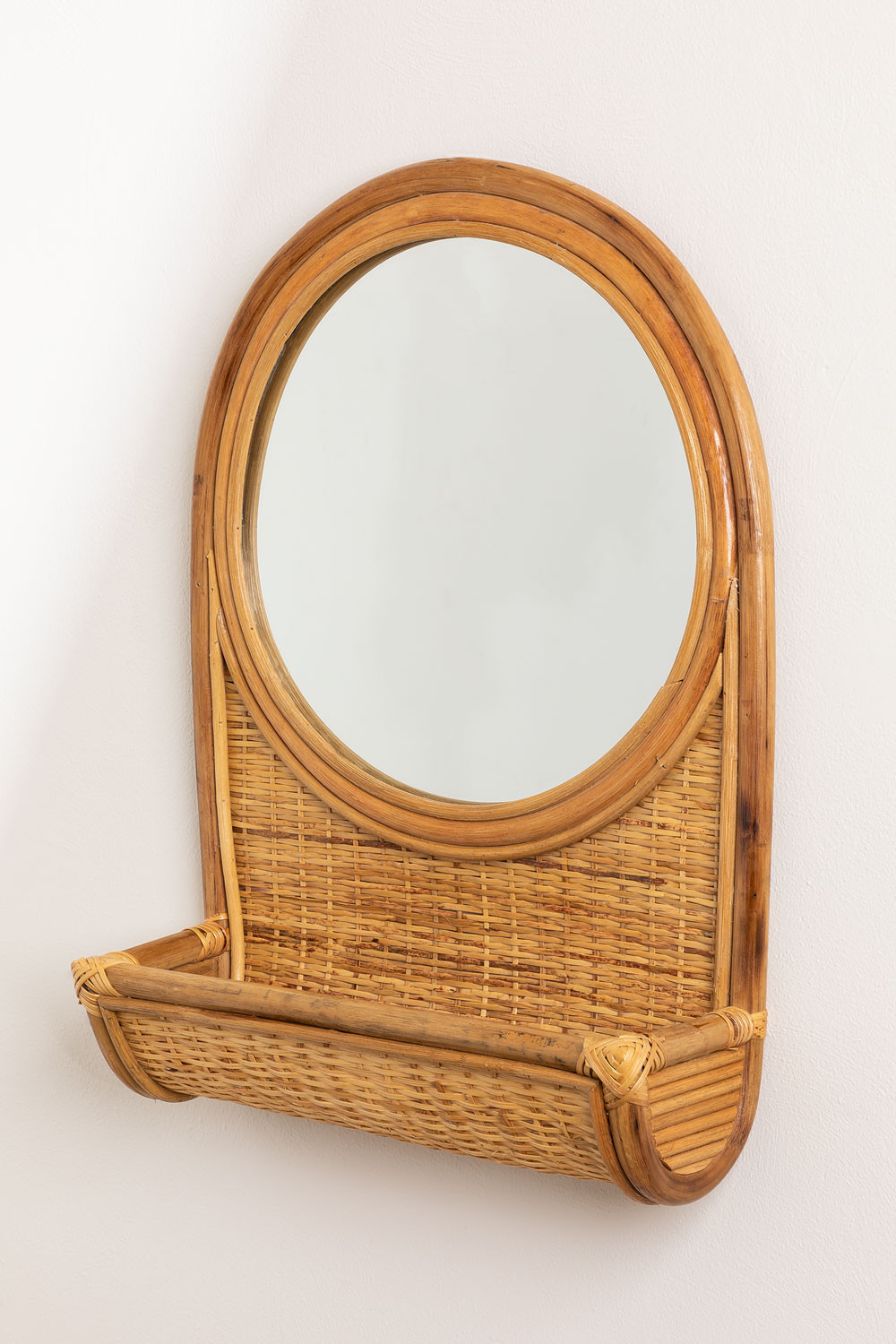 Round Rattan Wall Mirror with Storage Woban SKLUM
