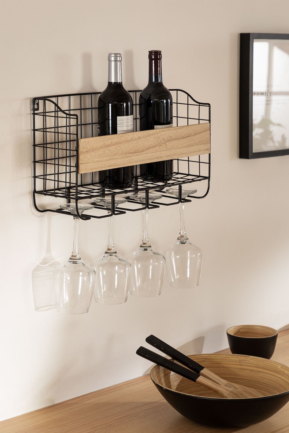 Wall Mounted Bottle Rack for 4 Bottles with Cup Holder Parker , gallery image 1