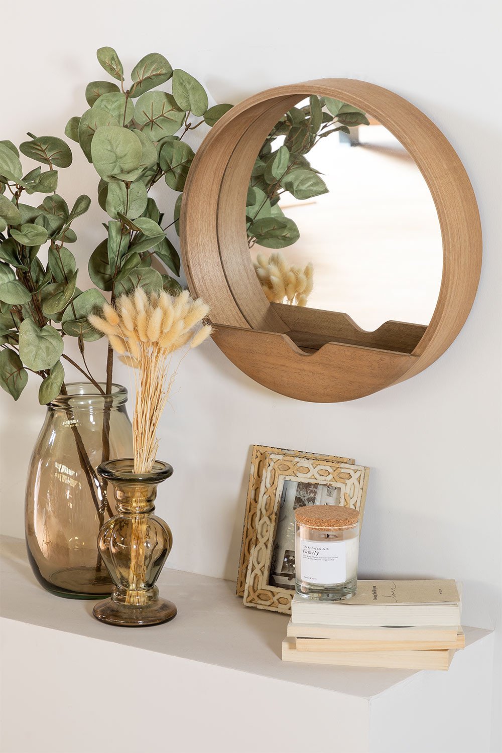 Round Wall Mirror With Wooden Shelf, Wooden Round Mirror With Shelf