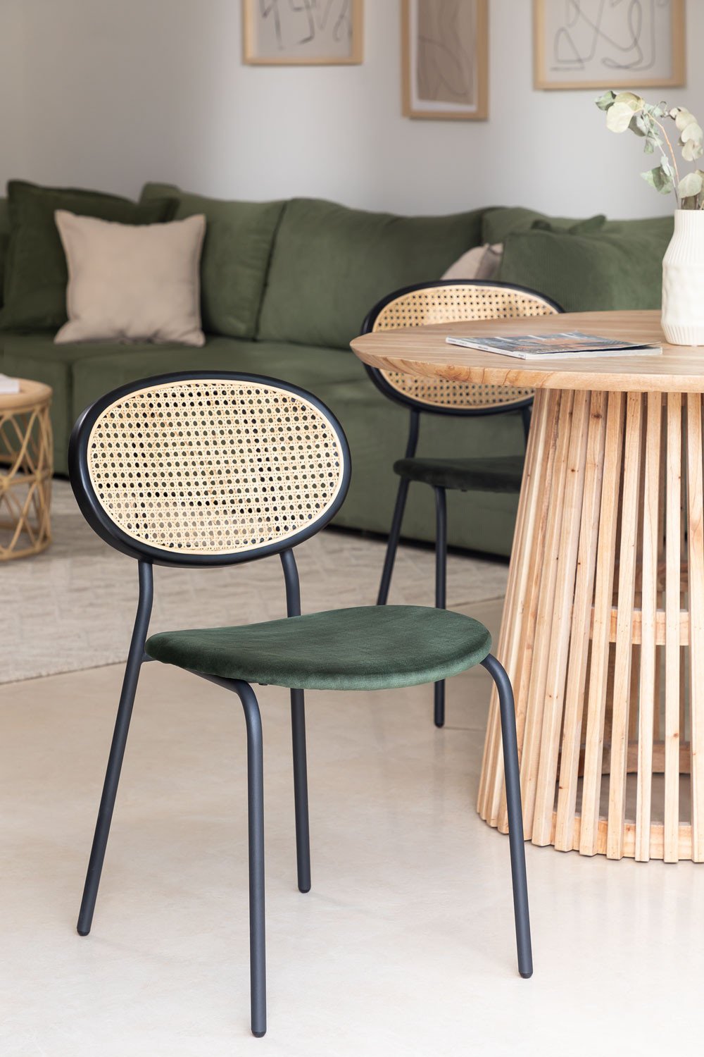 Ursel Velvet and Rattan Dining Chair, gallery image 1