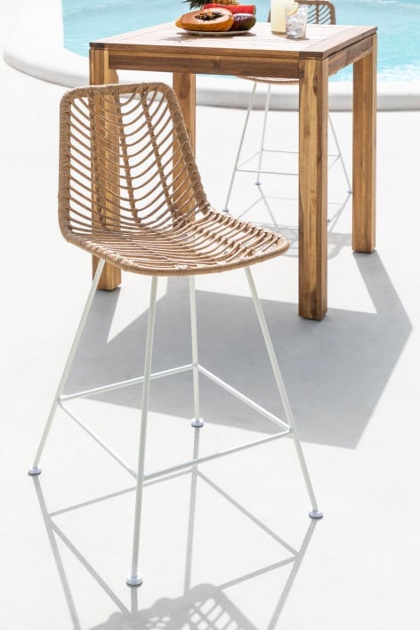 Garden high stool 65 cm in natural finish synthetic rattan and white legs Gouda natural - White