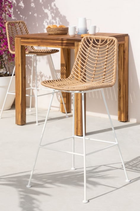Garden high stool 75 cm in natural finish synthetic rattan and white legs Gouda natural - White
