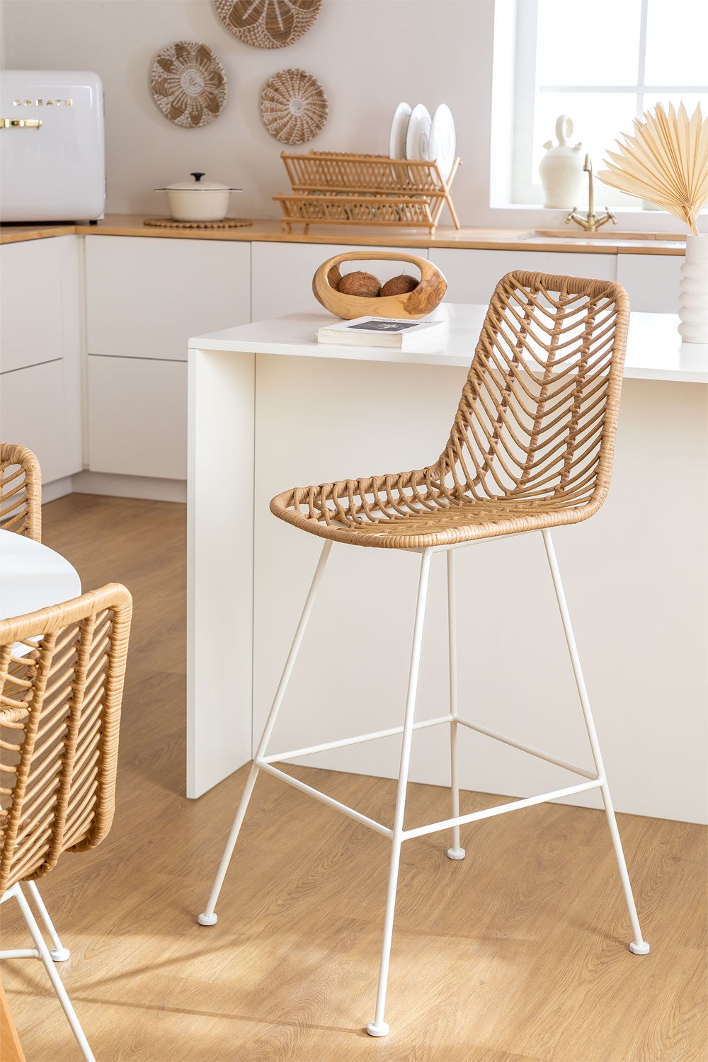 Pack of 2 High Stools in Natural Synthetic Rattan Gouda, gallery image 1