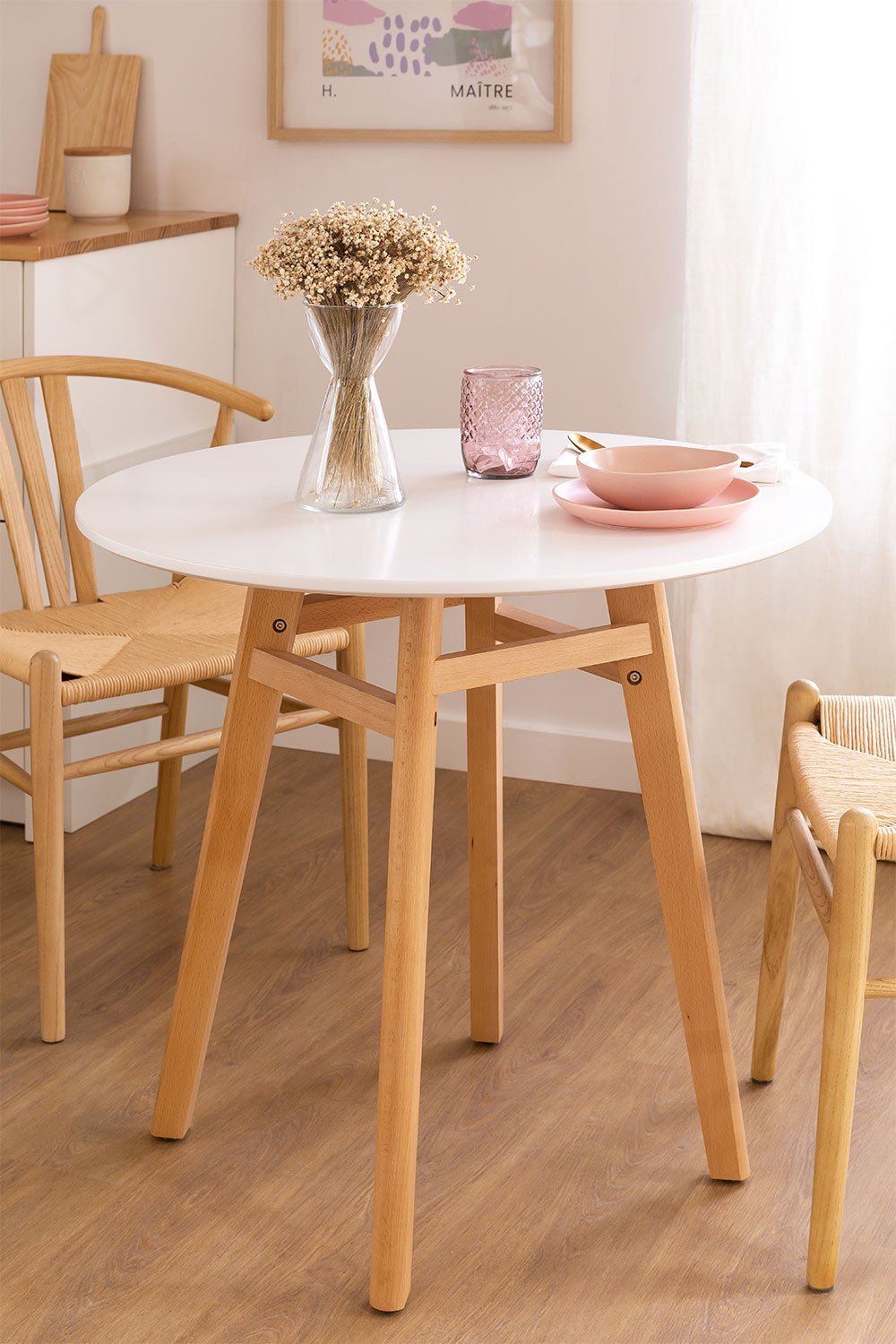 Round MDF & Beech Wood Dining Table Scand Nordic, gallery image 1