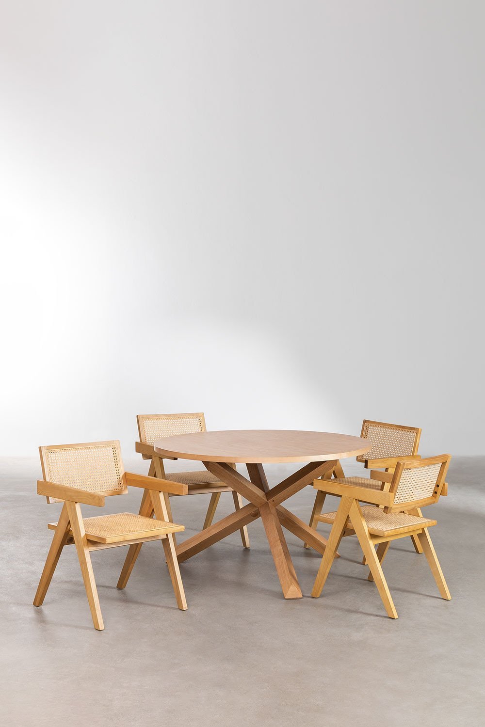 Mieren Round Dining Table Set (Ø120 cm) and 4 Chairs with Armrests in Ash Wood and Rattan Lali Style, gallery image 2