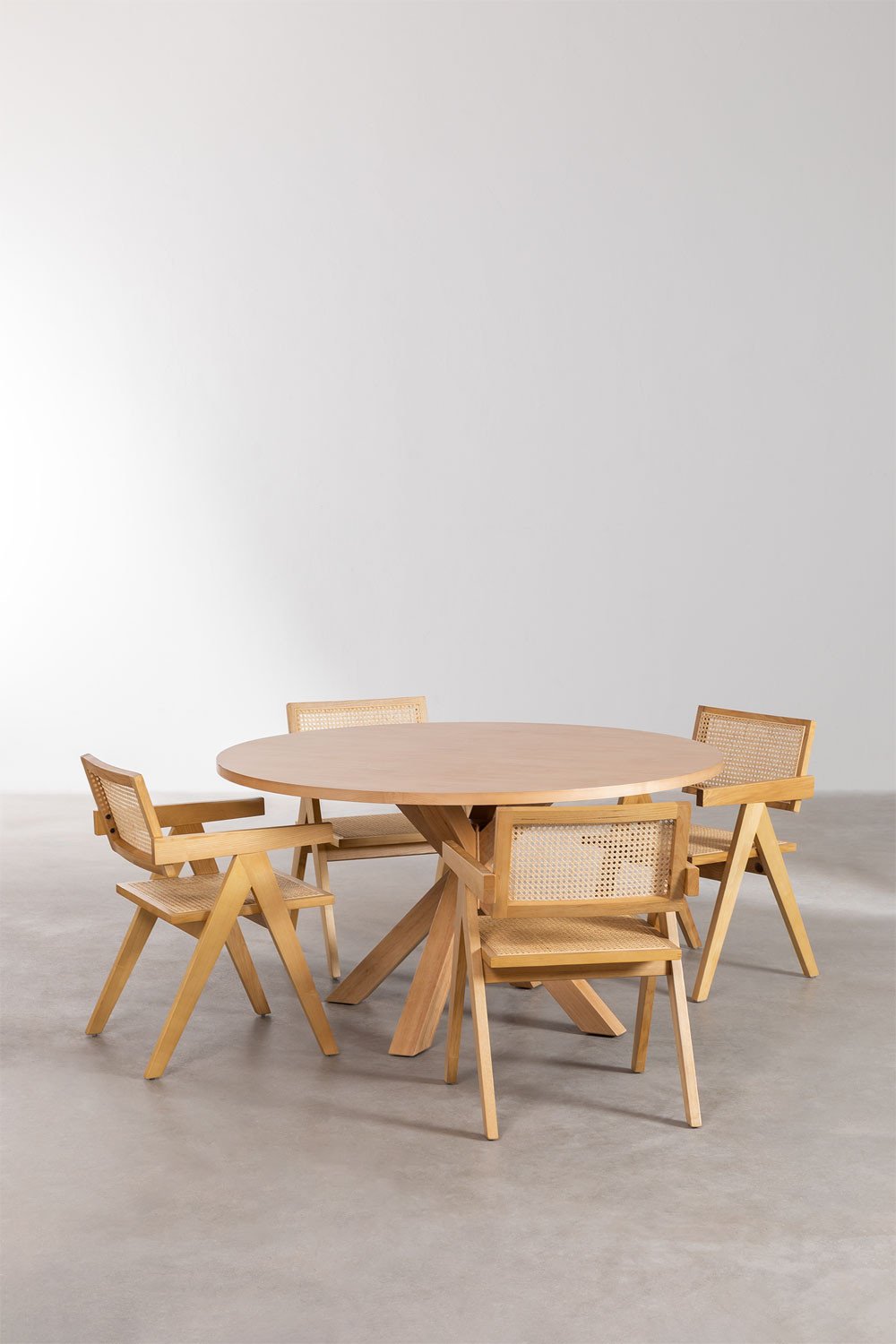 Round Dining Table Set in MDF (Ø140 cm) Pleven and 4 Chairs with Wood Armrests Lali Style, gallery image 2