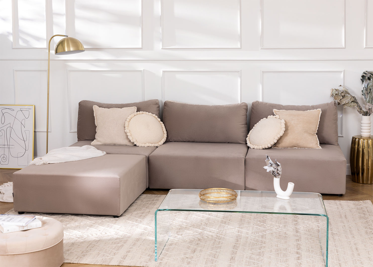 3 Piece Modular Velvet Sofa & Pouffe Kata - SKLUM