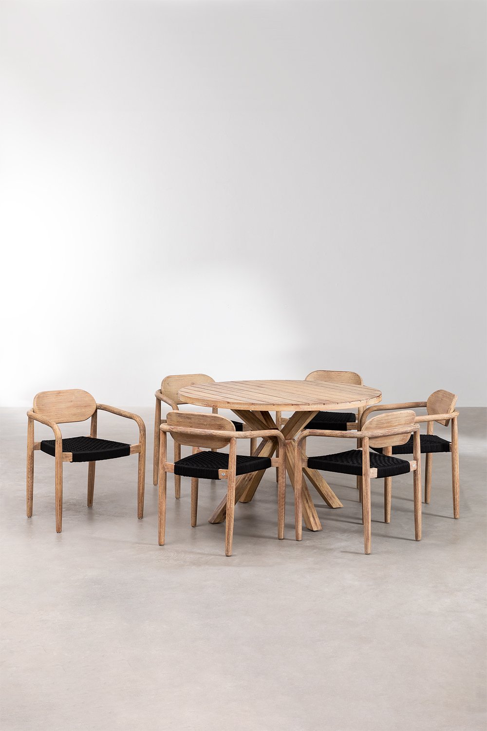 Round Table Set (Ø120 cm) and 6 Dining Chairs with Armrests in Naele Wood, gallery image 2