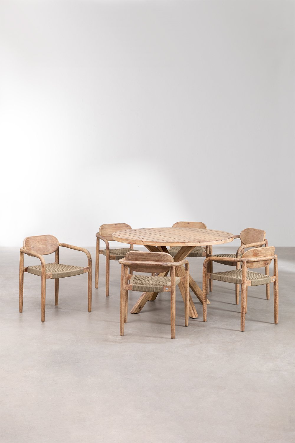 Round Table Set (Ø120 cm) and 6 Dining Chairs with Armrests in Naele Wood, gallery image 2