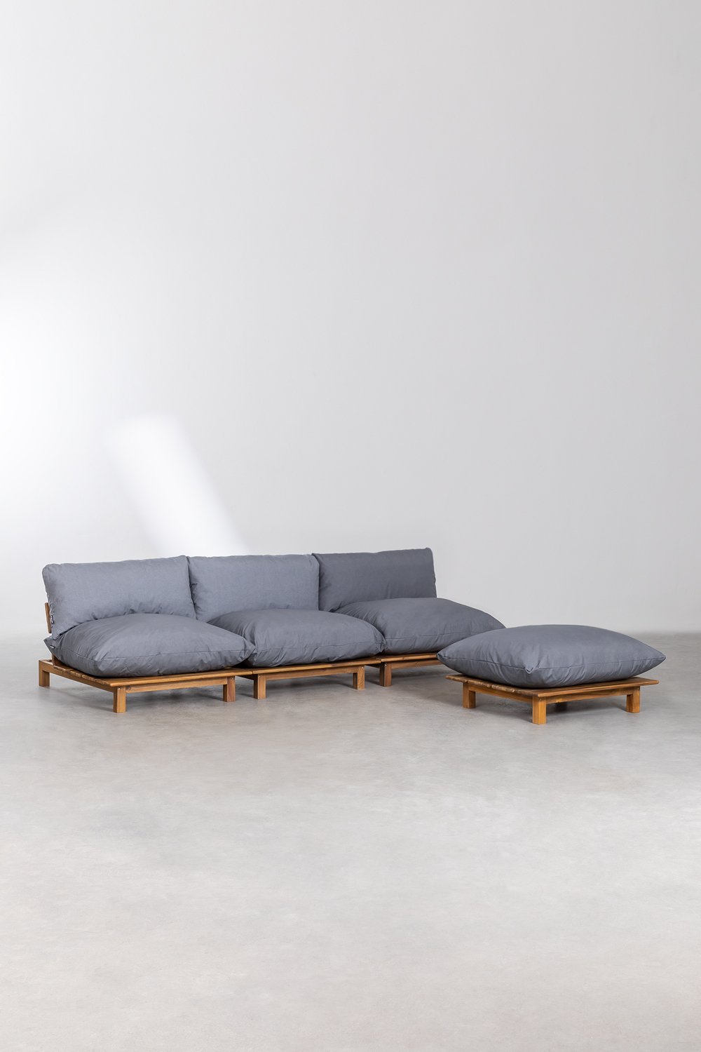 3-Piece Modular Reclining Sofa with Puff in Acacia Wood Brina, gallery image 1