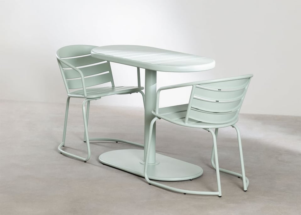Oval table set and 2 garden chairs in steel Janti