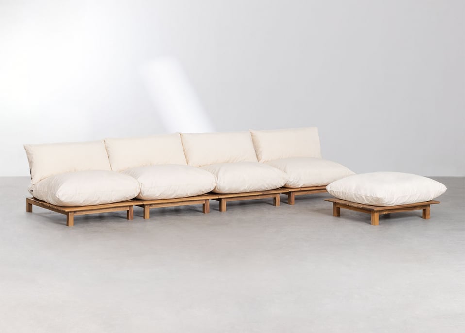 4-Piece Reclining Modular Sofa with Puff in Acacia Wood Brina