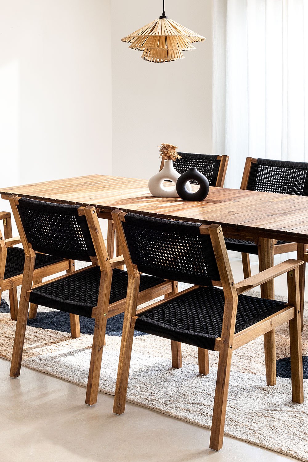 Rectangular Extendable Table Set (160-210x90 cm) and 6 Dining Chairs in Acacia Tenay Wood, gallery image 1