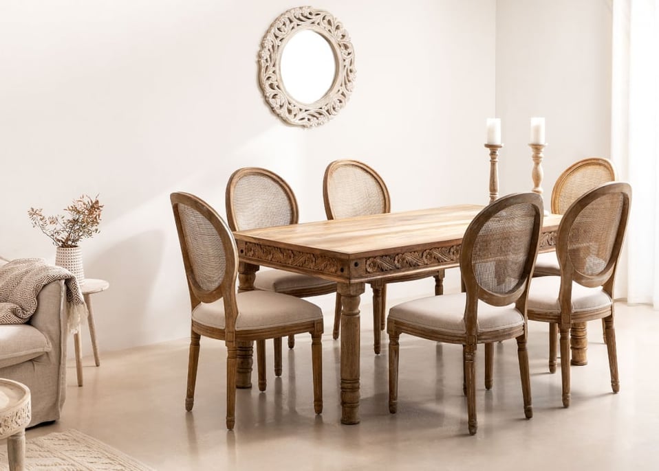 Rectangular Table Set in Mango Wood Taraz (160x90 cm) and 6 Dining Chairs in Fabric Sunna