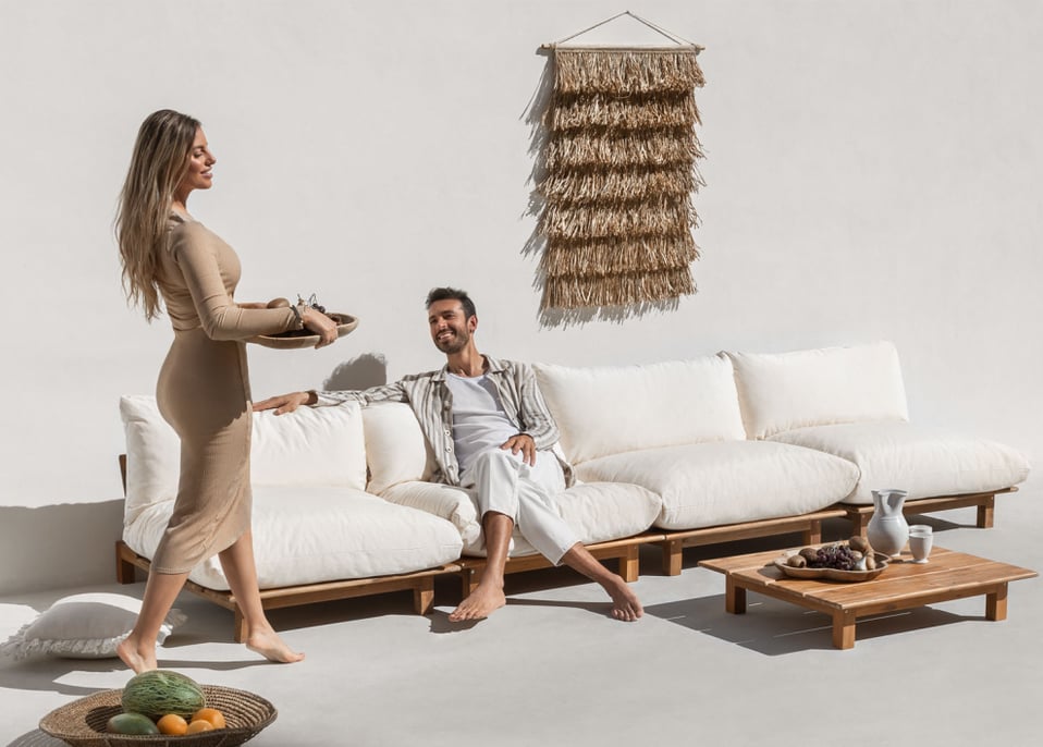 4-Piece Modular Reclining Garden Sofa with Coffee Table in Brina Acacia Wood