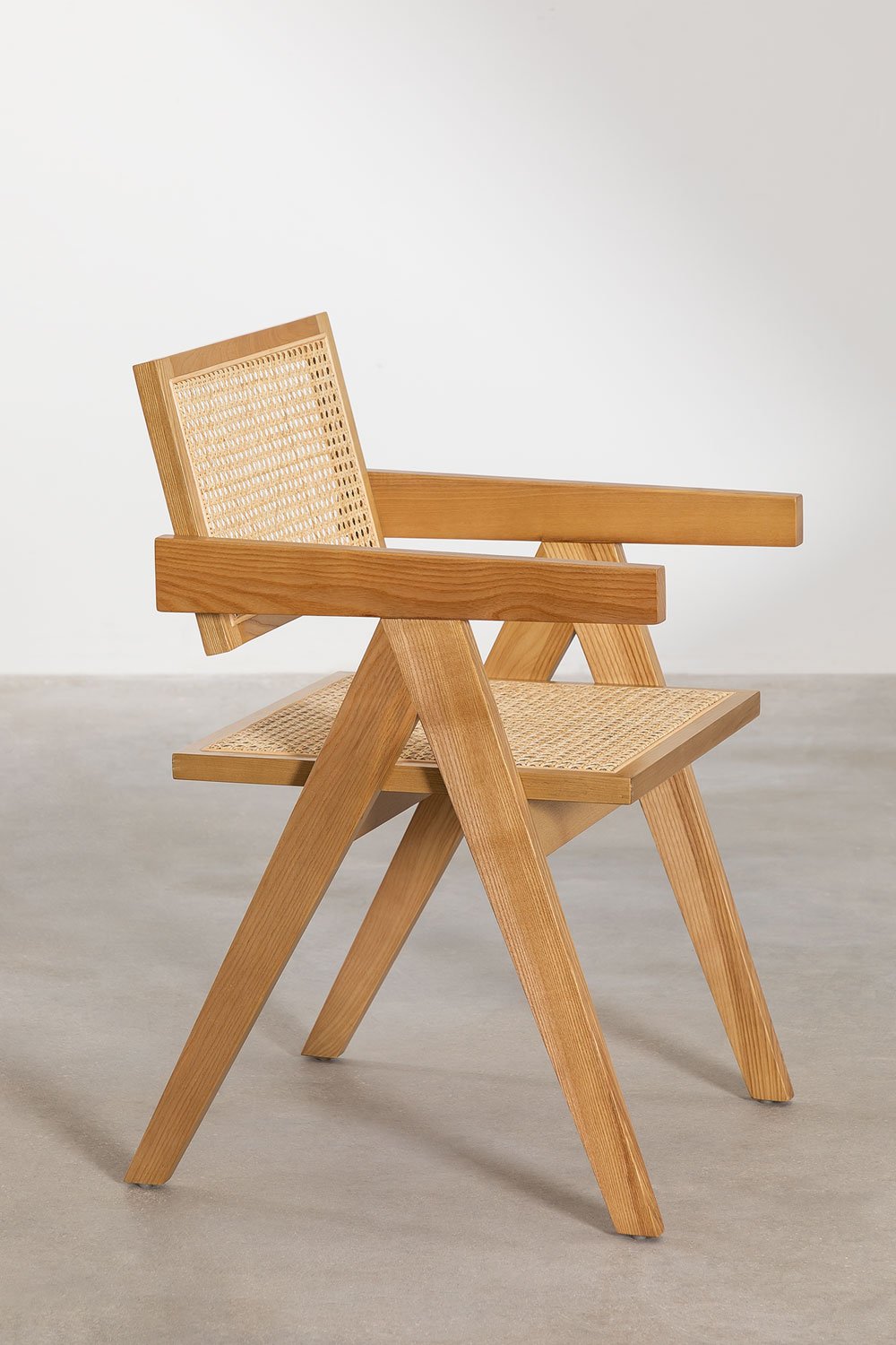 Ensemble table à manger rectangulaire en MDF (180x100 cm) Pleven et 6  chaises avec accoudoirs en bois de frêne et rotin style La - SKLUM