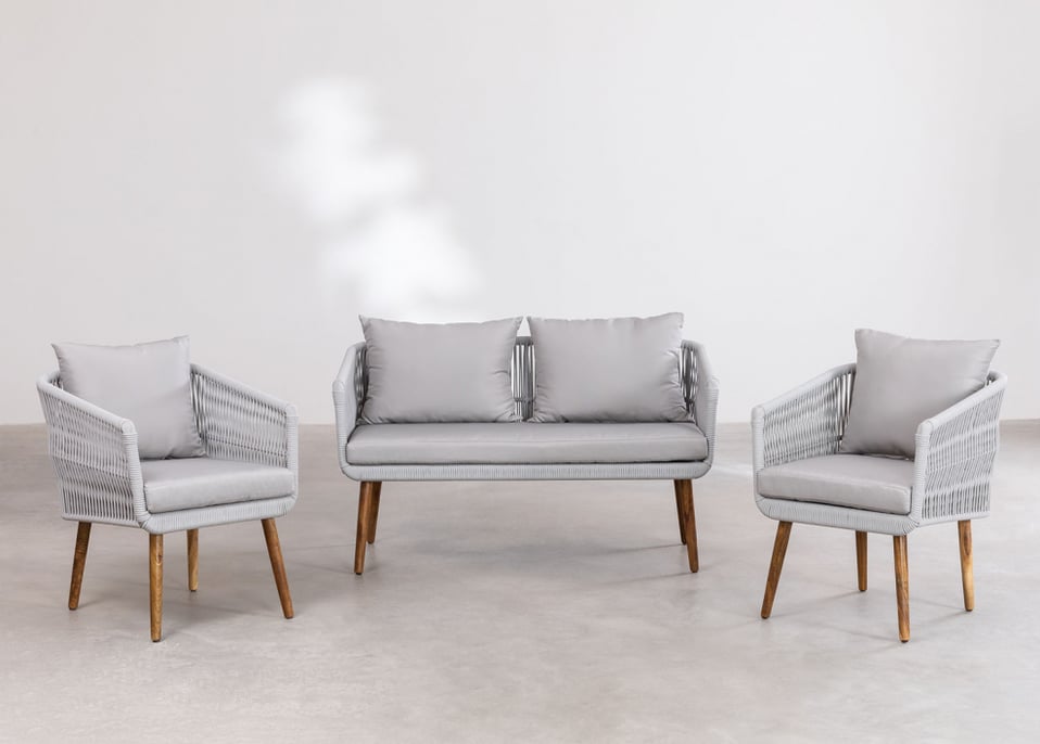 Garden set with 2-seater sofa and 2 armchairs in acacia wood and braided rope Barker Style