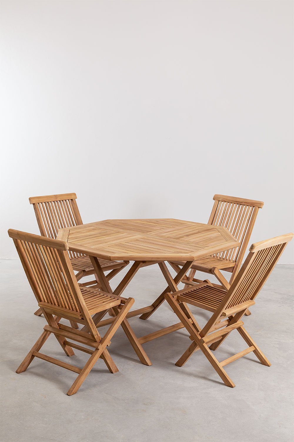 Set of octagonal table (Ø120 cm) and 4 folding dining chairs in Pira Pira teak wood, gallery image 2