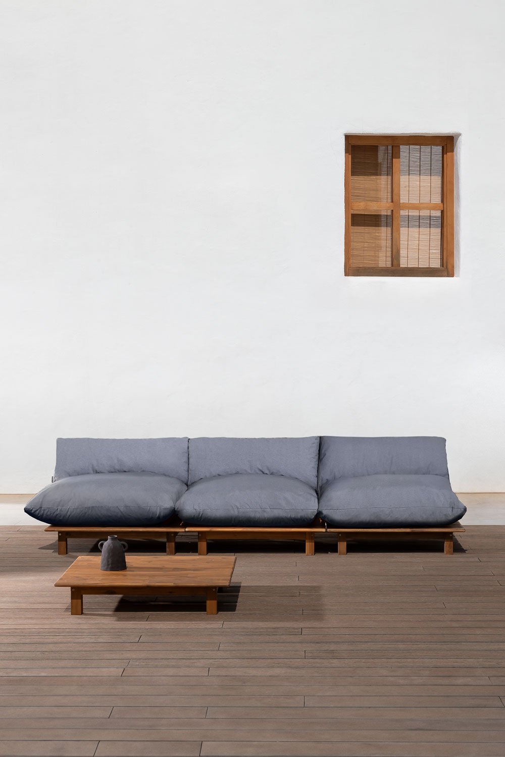 3-Piece Modular Reclining Garden Sofa with Coffee Table in Brina Acacia Wood, gallery image 1