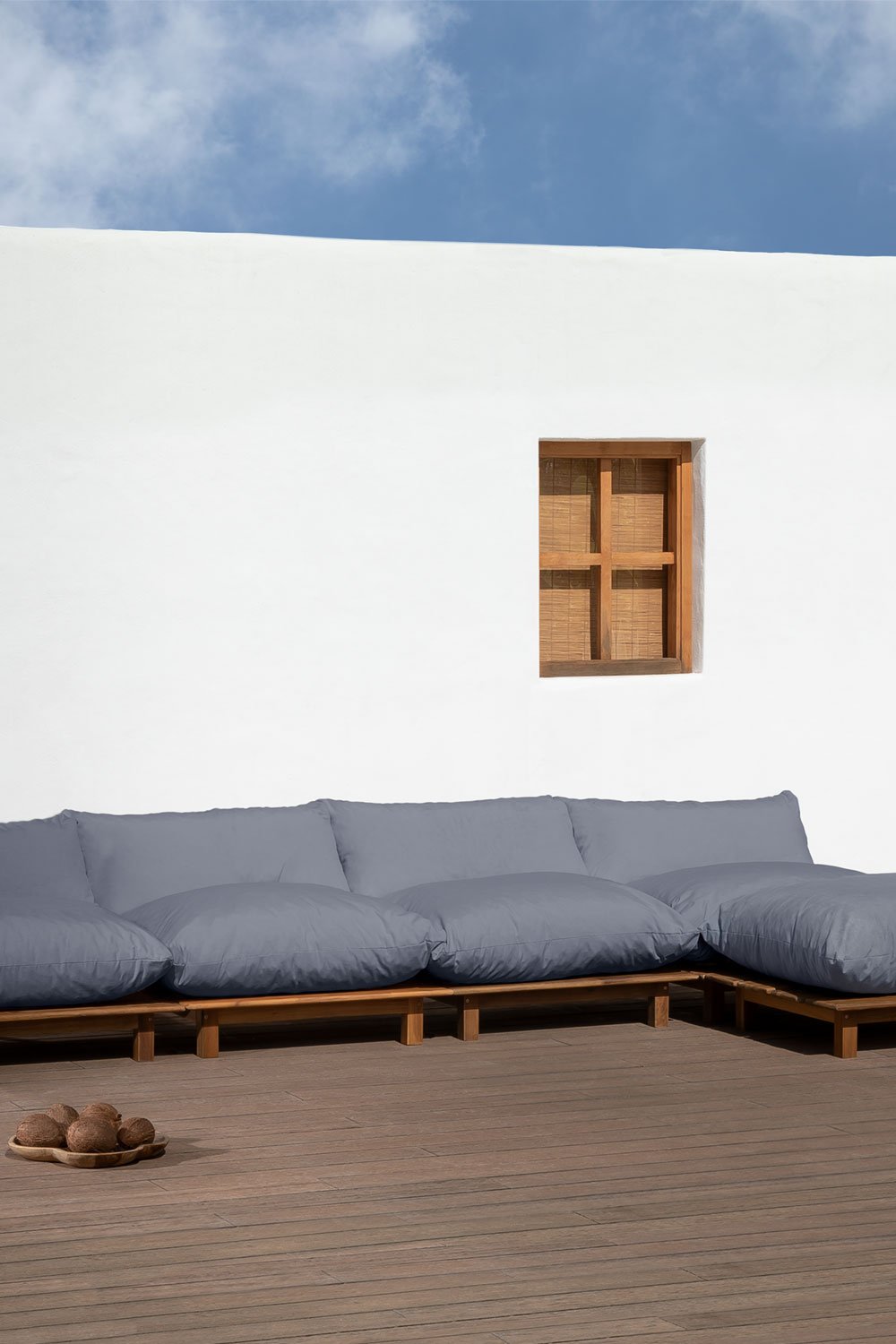 4-Piece Modular Reclining Garden Sofa with Puff in Acacia Wood Brina, gallery image 1