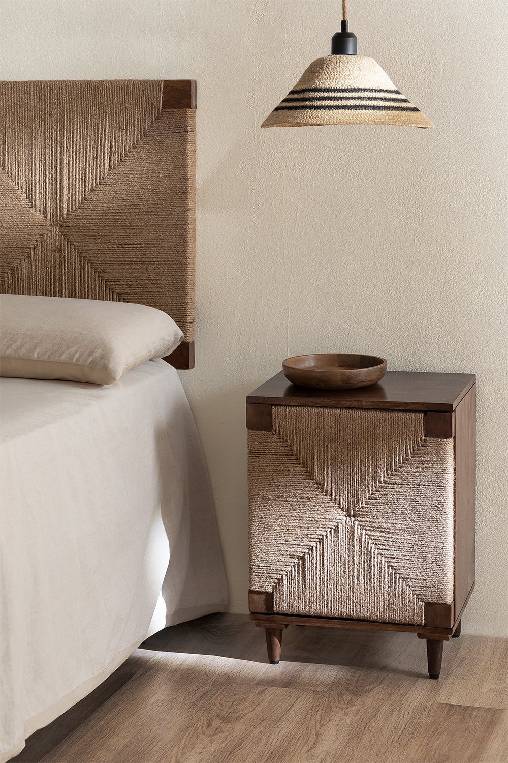 Mango Wood and Jute Bedside Table Evans, gallery image 1