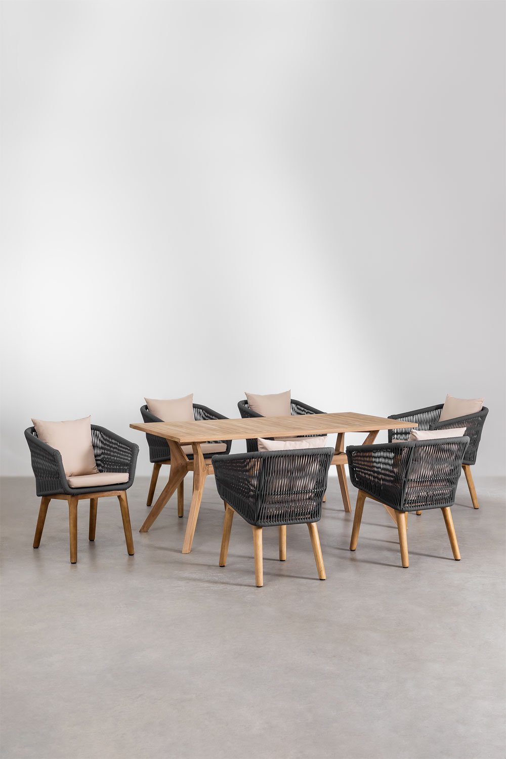 Yolen rectangular teak wood table set (180x90 cm) and 6 Barker dining chairs, gallery image 1