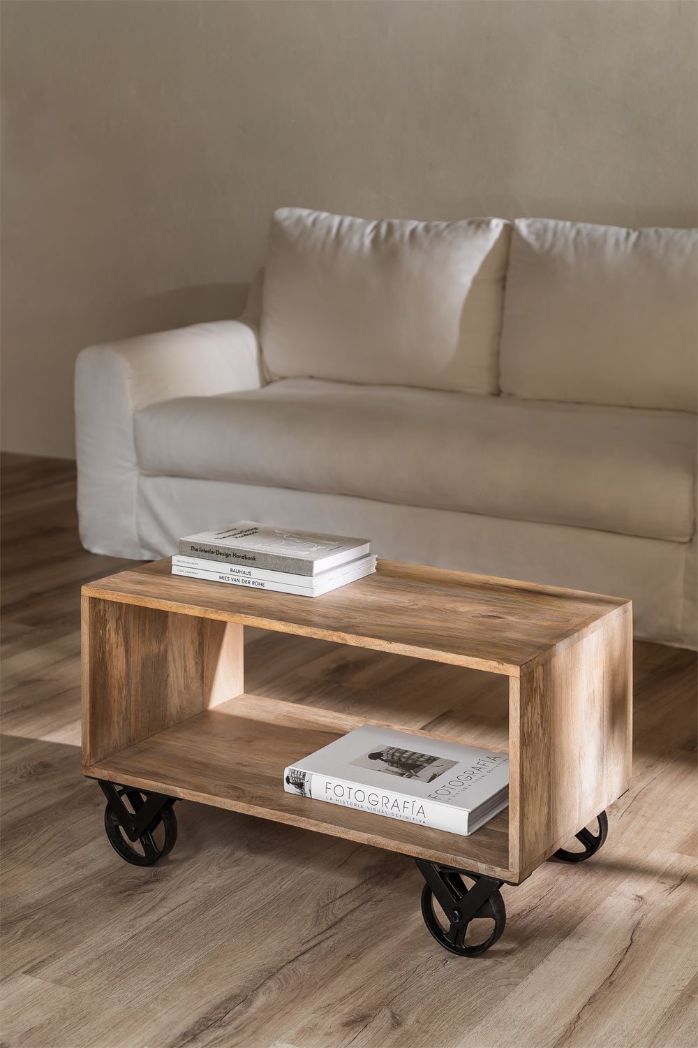 Mango wood coffee table with wheels Olson Style, gallery image 1