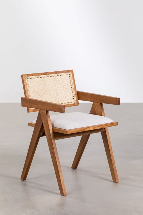 Pack of 4 Upholstered Dining Chairs with Armrests in Ash Wood and Rattan Lali
