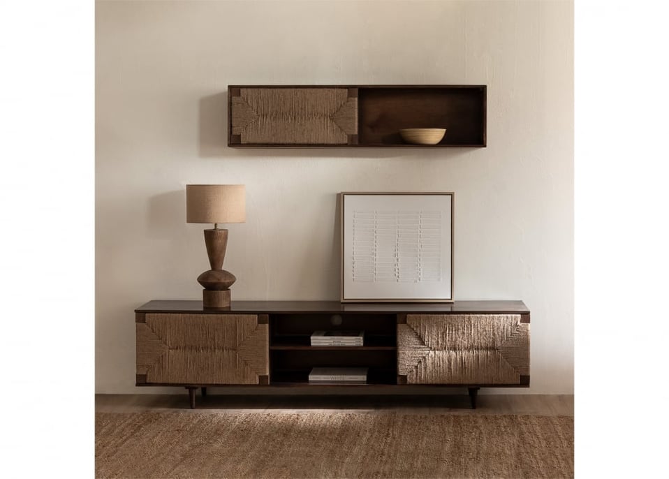 Evans mango wood and jute TV cabinet - Dark Brown Wood