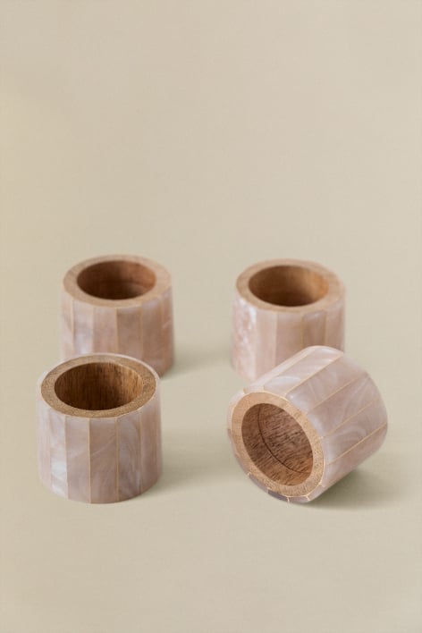 Set of 4 Napkin Rings in Mango Wood and Nacre Anmon Style