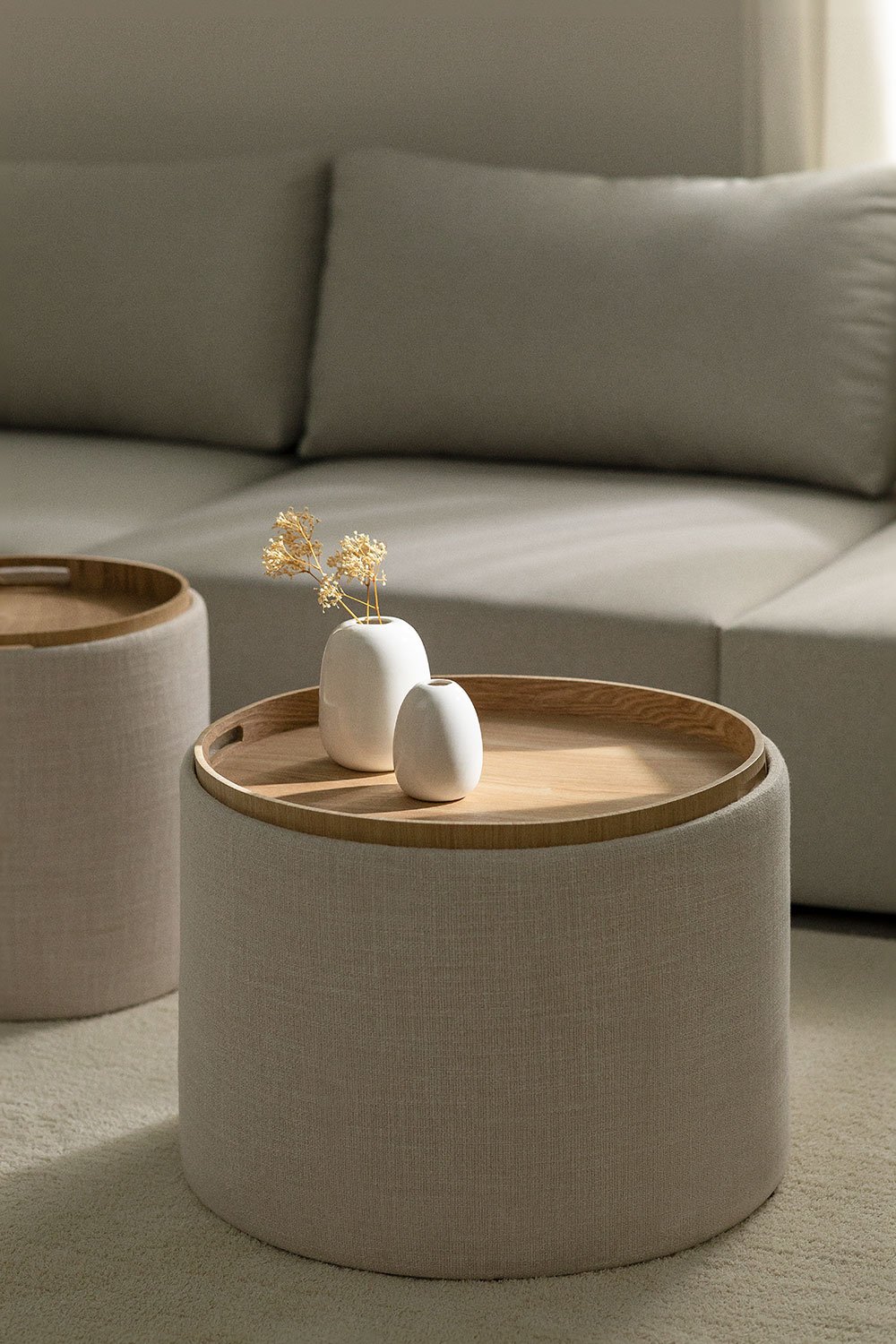 Berkeleni Round Linen Coffee Table with Tray and Storage , gallery image 1