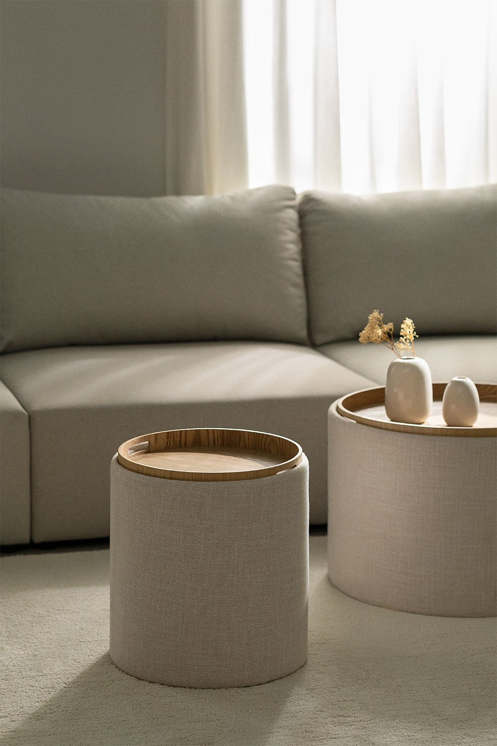 Berkeleni round upholstered side table with tray and storage, Ø40 cm, gallery image 1