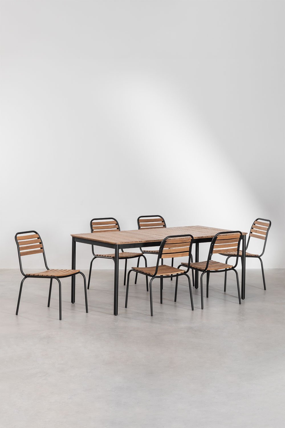 Rectangular Table Set (160x90 cm) and 6 Stackable Garden Chairs in Steel and Acacia Artus, gallery image 2