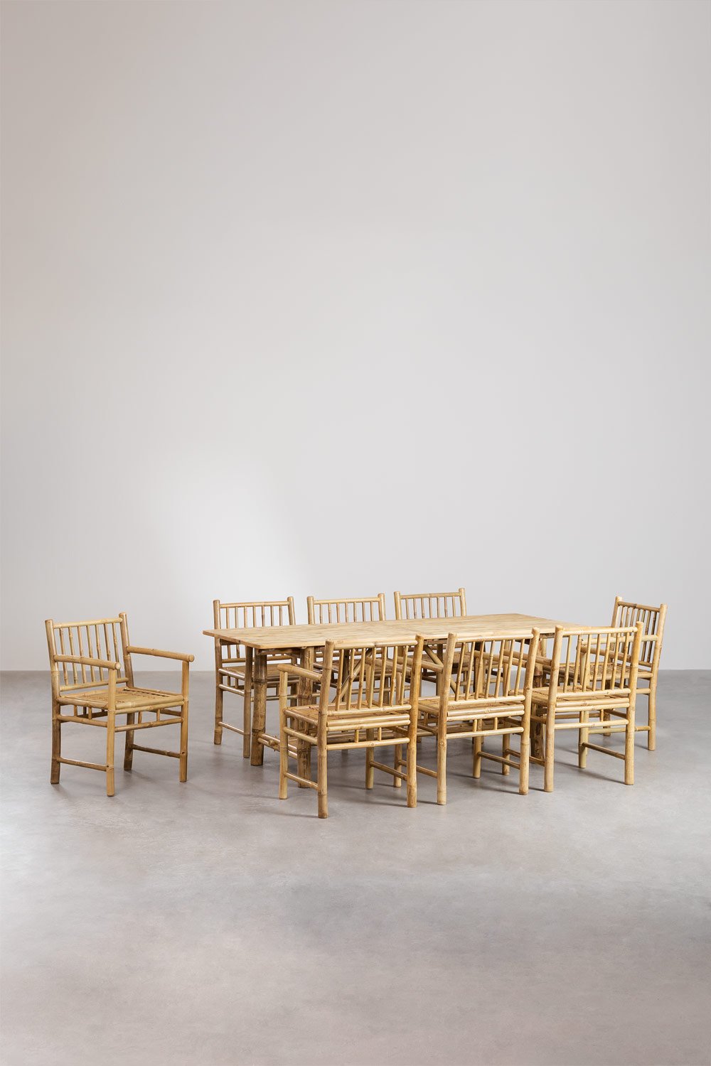 Rectangular table set (200x80 cm) and 8 garden chairs with armrests in Senia bamboo, gallery image 1