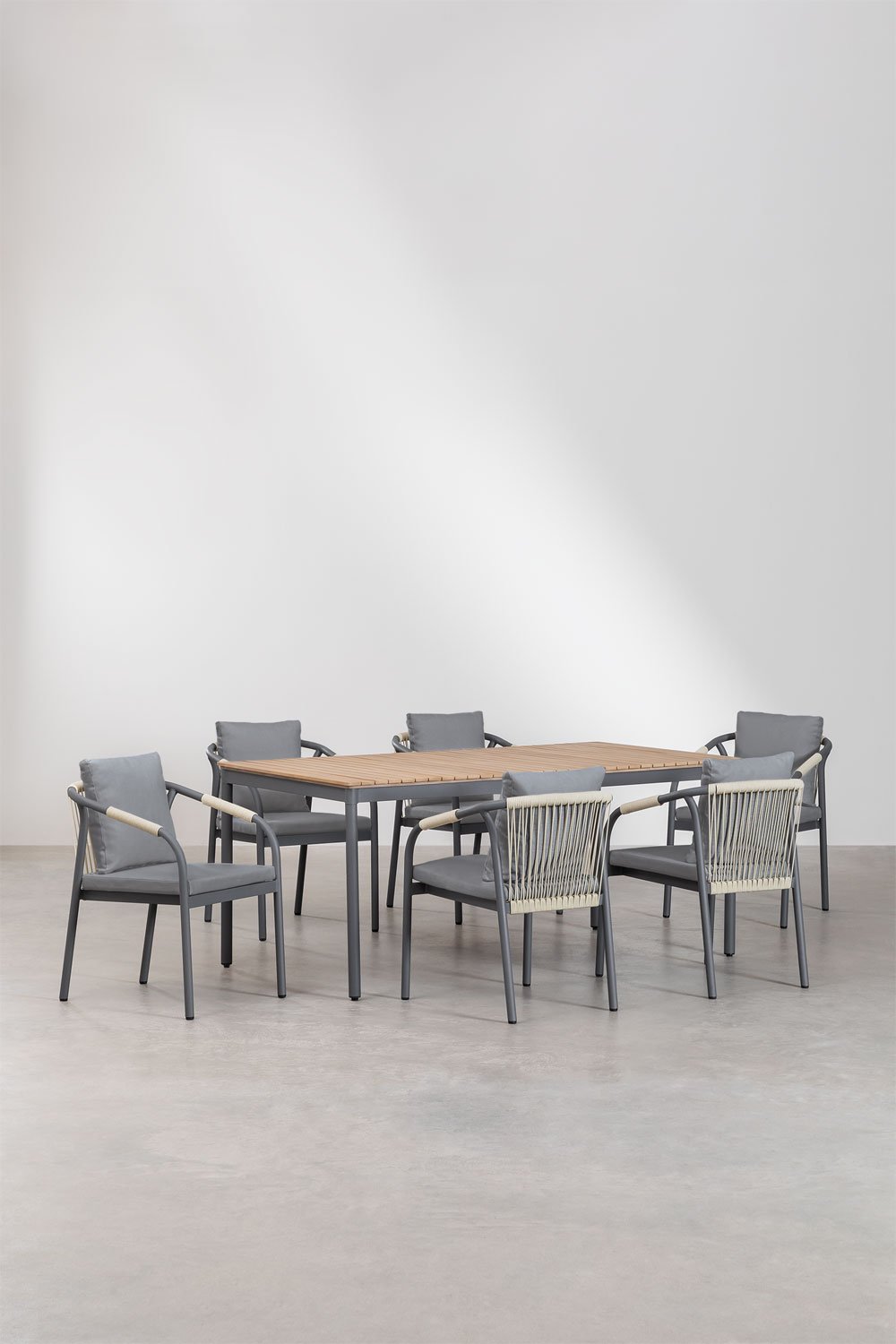 Basper Rectangular Table Set (180x90 cm) and 6 Garden Chairs in Aluminum and Acacia Wood, gallery image 2