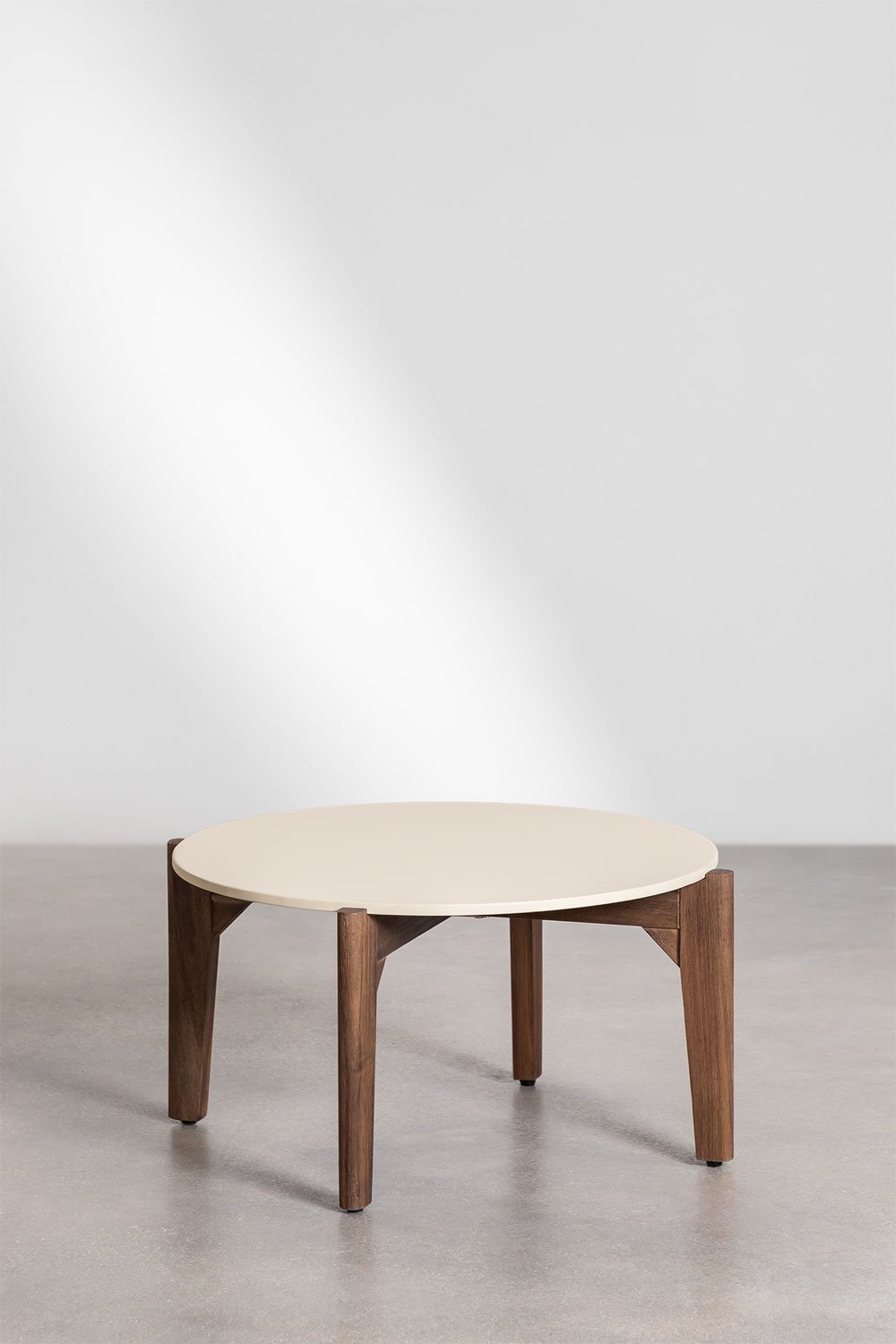 Round garden coffee table in cement and acacia wood Xajul, gallery image 2