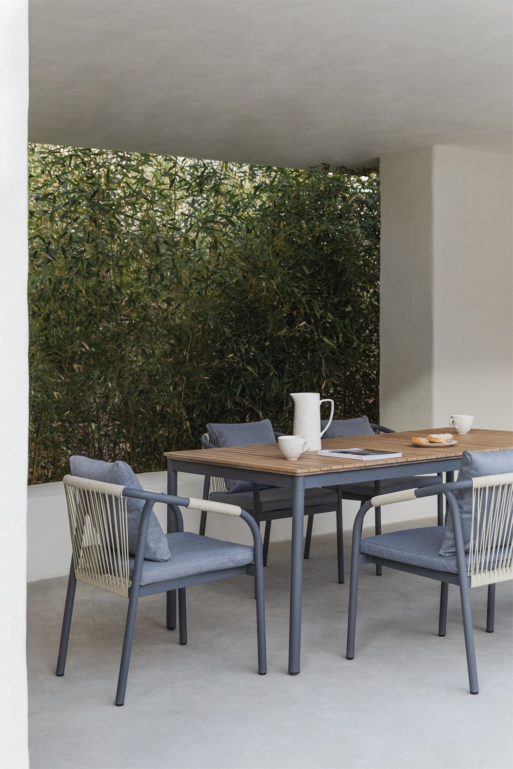 Basper Rectangular Table Set (180x90 cm) and 6 Garden Chairs in Aluminum and Acacia Wood, gallery image 1