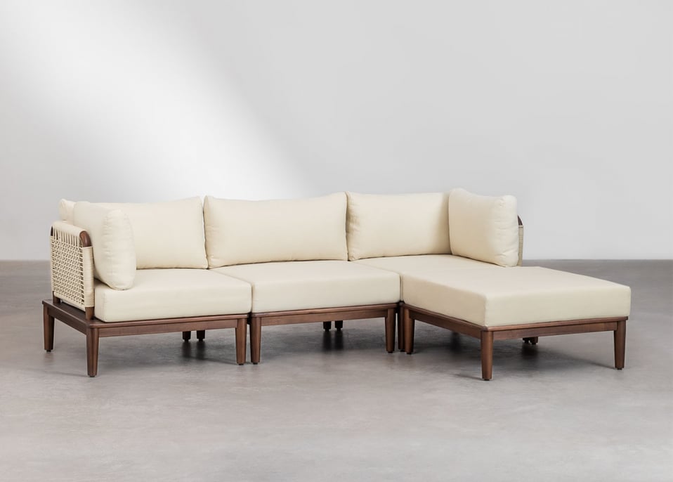 3 Piece Modular Sofa with 2 Corner Armchairs and Puff in Acacia Wood Giulia